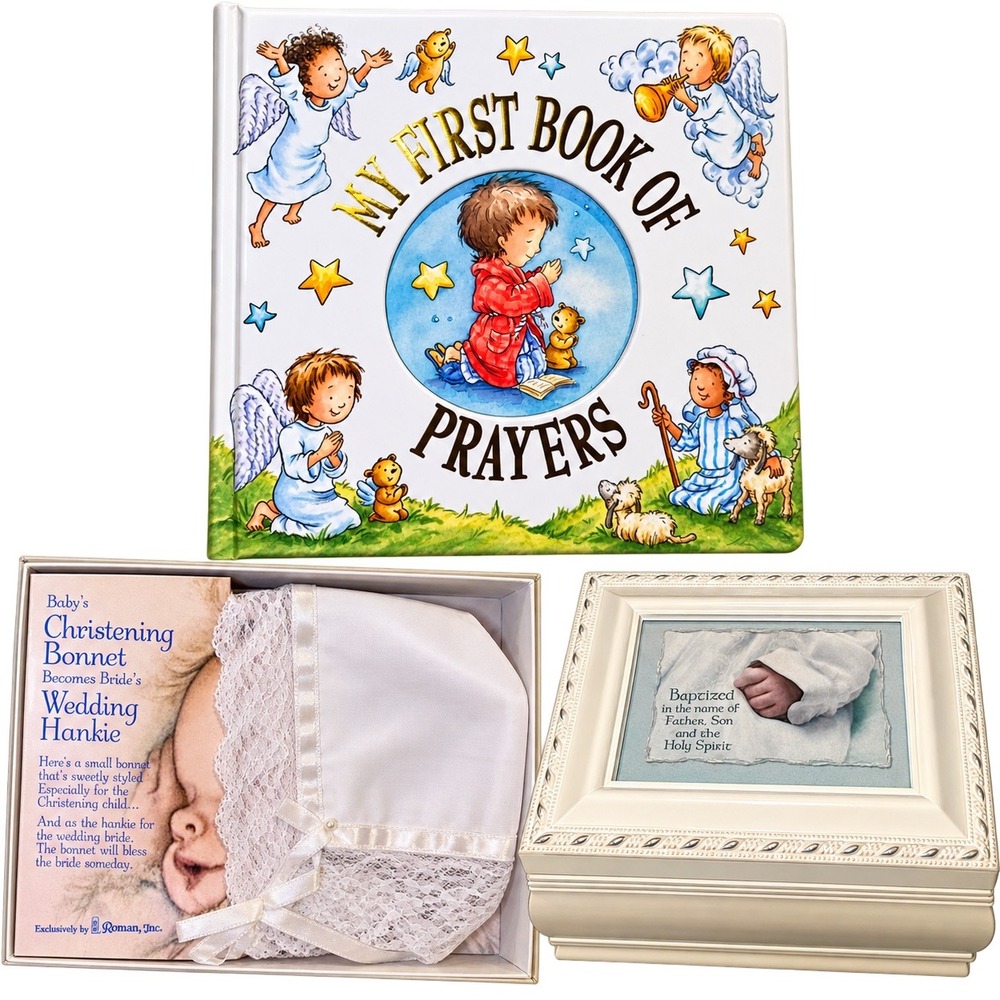Baptism Gift Set Roman Inc Christening Bonnet Music Box My First Book of Prayers